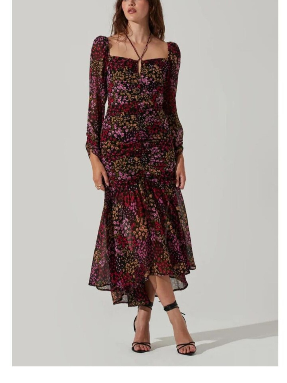 ASTR Floral Square-Neck Midi Dress in Black and Pink Athena